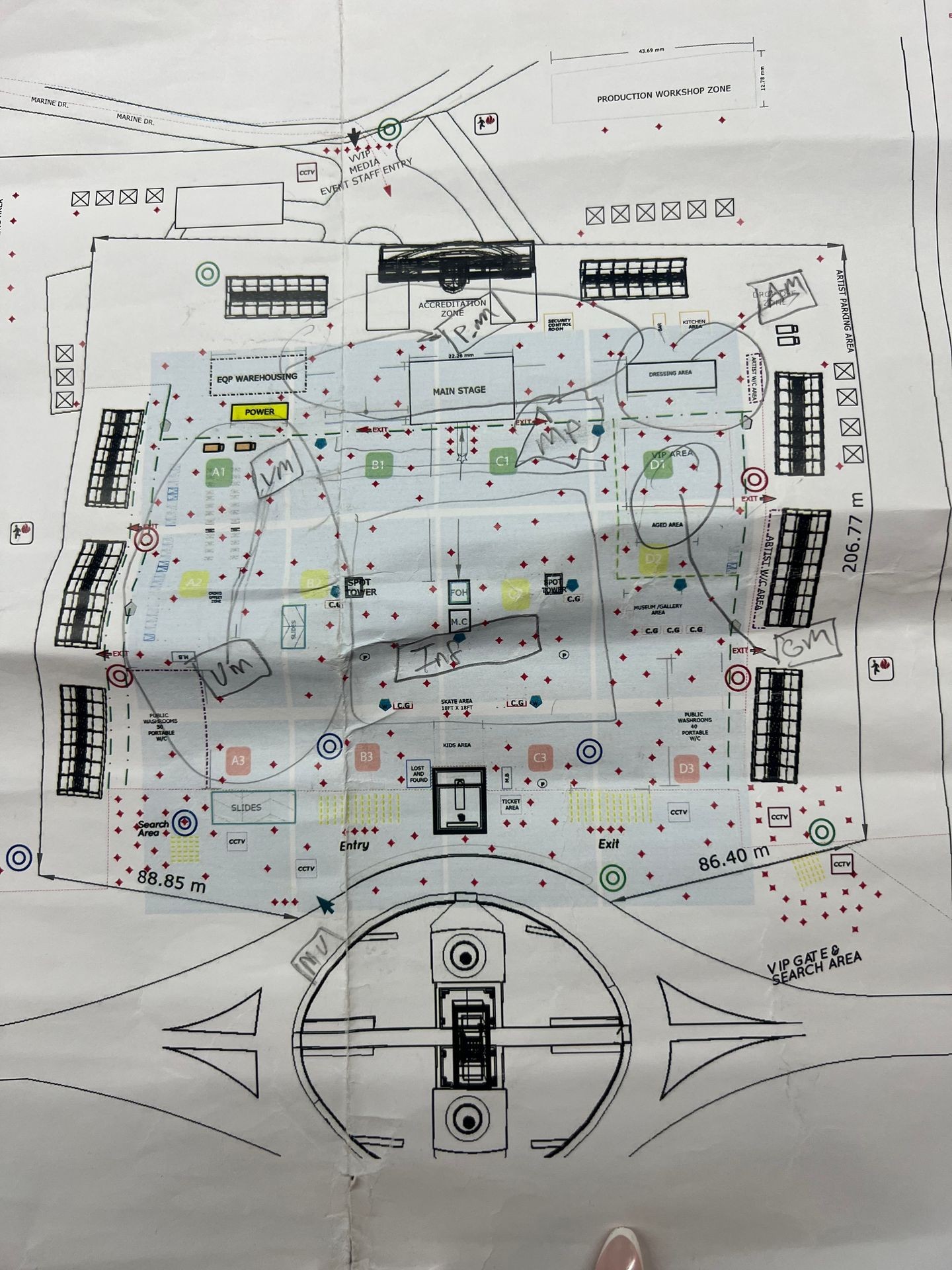 Detailed venue layout map with zones labeled, featuring main stage, entry, and exit points.