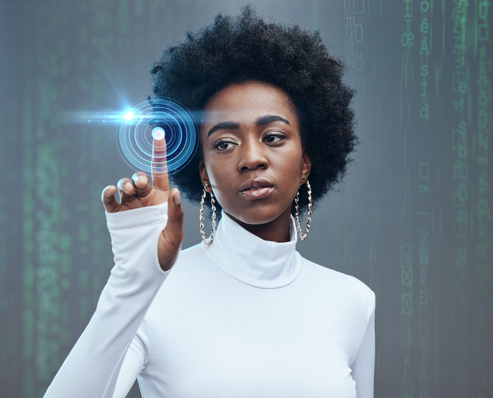 Futuristic, hologram and black woman with technology in a studio for digital tech innovation. Future, modern and young African girl model with 3d graphic metaverse overlay isolated by gray background